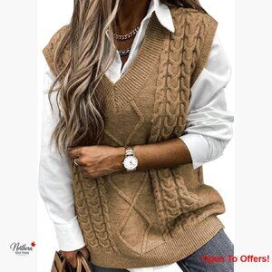Viscose Cable Knit Sweater Vest V Neck Sleeveless Pullover